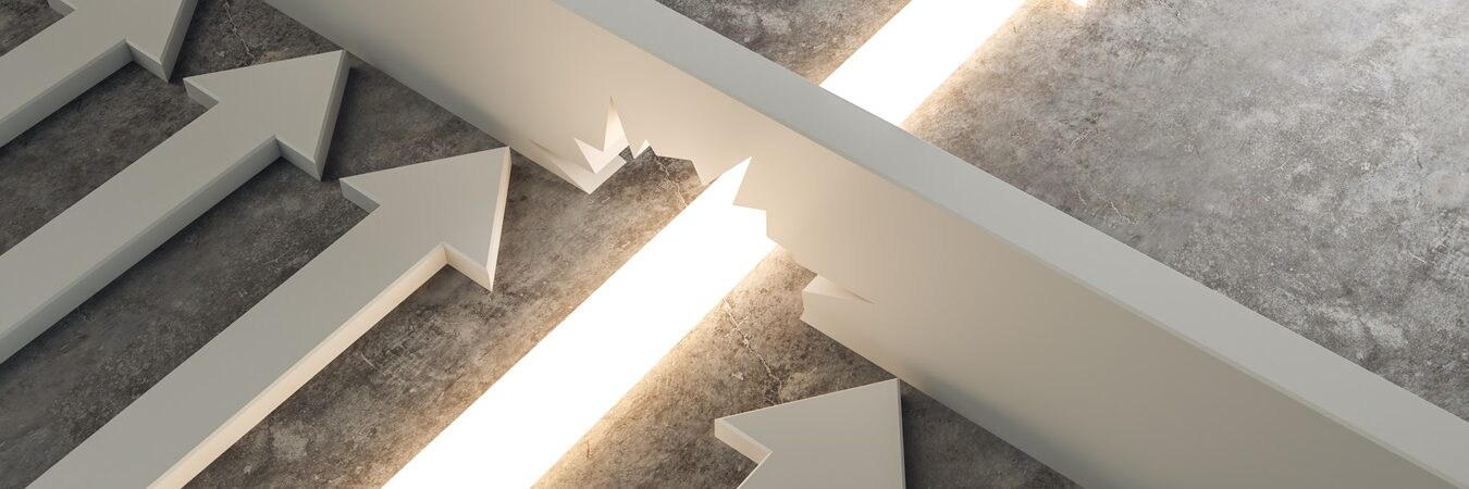 Glowing,Arrow,Breaking,Through,Wall,On,Concrete,Background.,Breakthrough,And