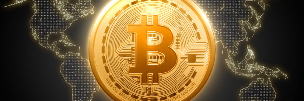 Golden,Bitcoin,Digital,Currency,On,World,Map,,Futuristic,Digital,Money,