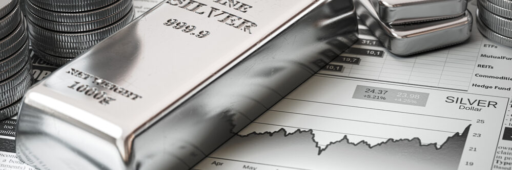 Silver,Bar,,Ingots,And,Coins,On,Financial,Report.,Growth,Of
