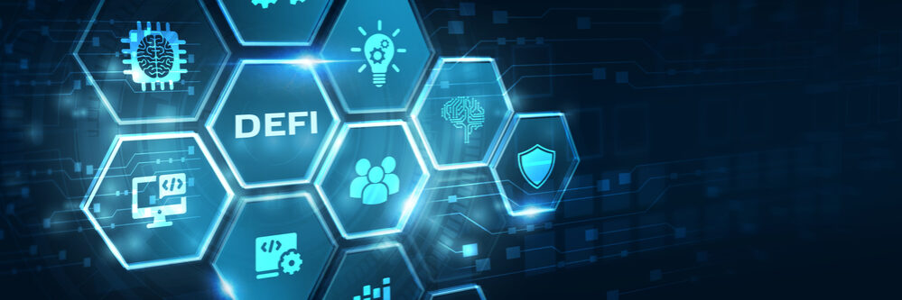 Defi,-decentralized,Finance,On,Dark,Blue,Abstract,Polygonal,Background.,Concept