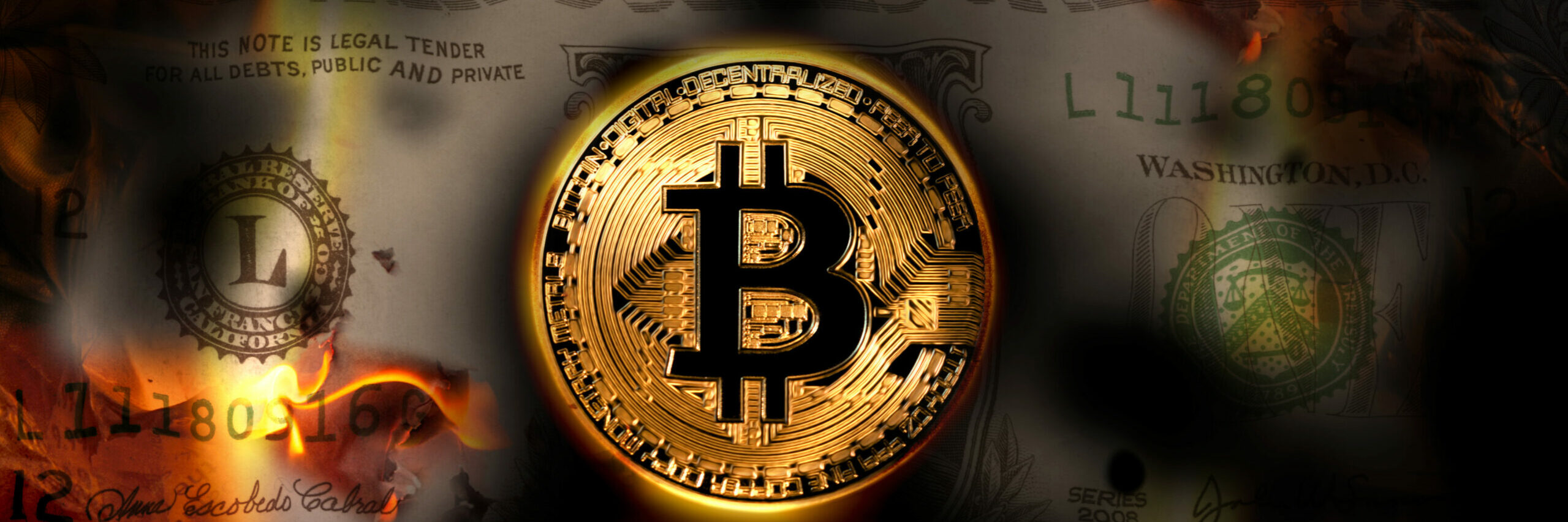 Bitcoin,Vs,Dollar,,United,States,Banknote,Dollar,Burning,On,The