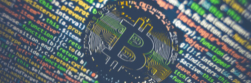 Bitcoin,Logo,Among,Programmer,Code,In,Blue,Yellow,And,Green