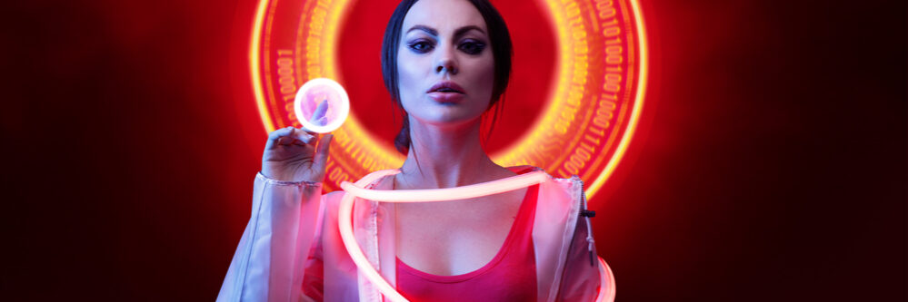 Beautiful,Woman,In,Futuristic,Costume,On,Dark,Background.,Augmented,Reality,