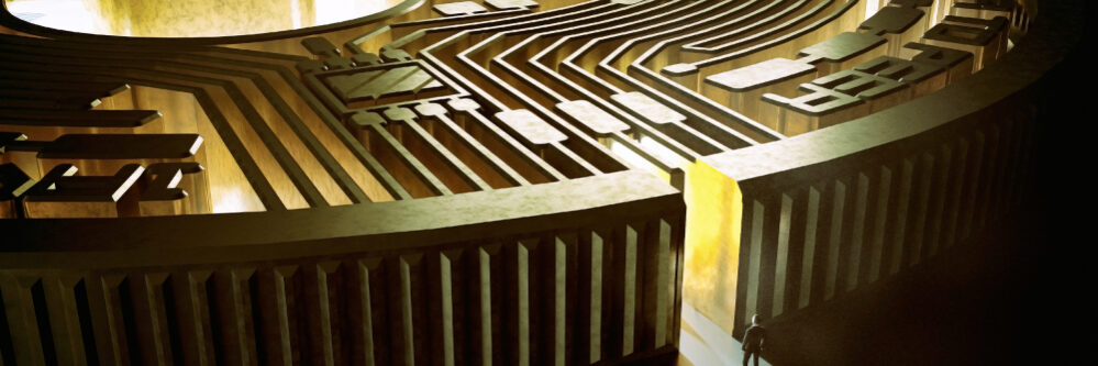 Businessman,In,Bitcoin,Labyrinth.,Cryptocurrency,Concept.,Financial,Concept