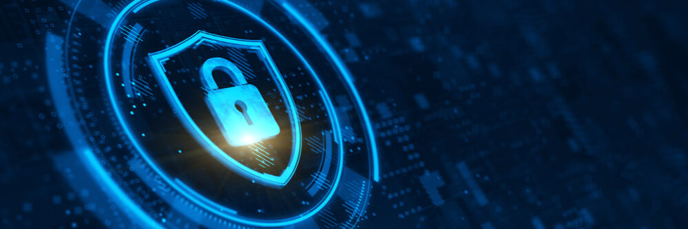 Shield,And,Padlock.,Abstract,Illustration,On,Dark,Blue.,Protect,And