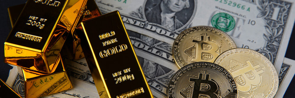 Gold,Bars,And,American,One,Dollar,Bills.,Scattered,Bitcoin,Digital
