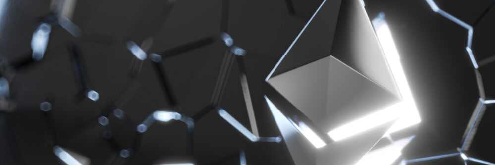 Ethereum,Coin,Logo,Over,Collapsing,Black,Surface.,3d,Render.